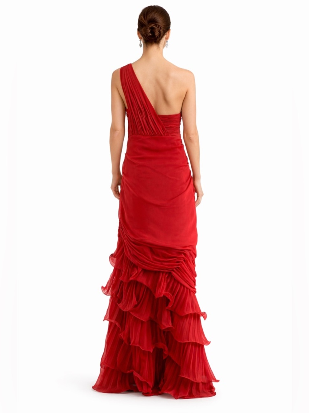 Dalia MacPhee Red One Shoulder Ruffle  Evening Gown Ruched Chiffon Formal  Dress - Picture 3 of 16